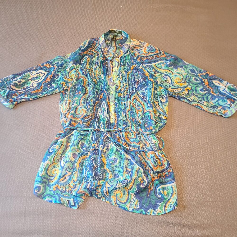 Lauren Ralph Lauren Women’s Sz Lg Blue Paisley Sheer Button 3/4 Sleeve Blouse